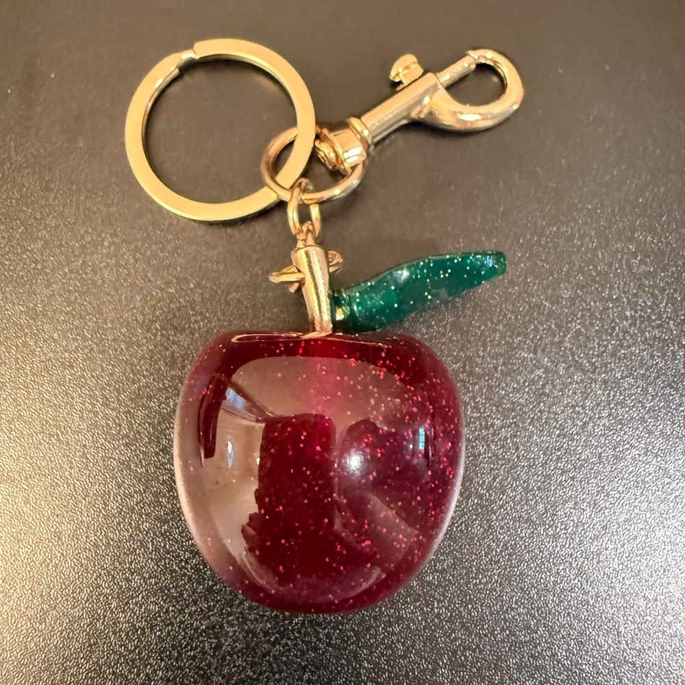 Glitter Apple Bag Charm/Keychain in Deep Red with Green Leaf NWT